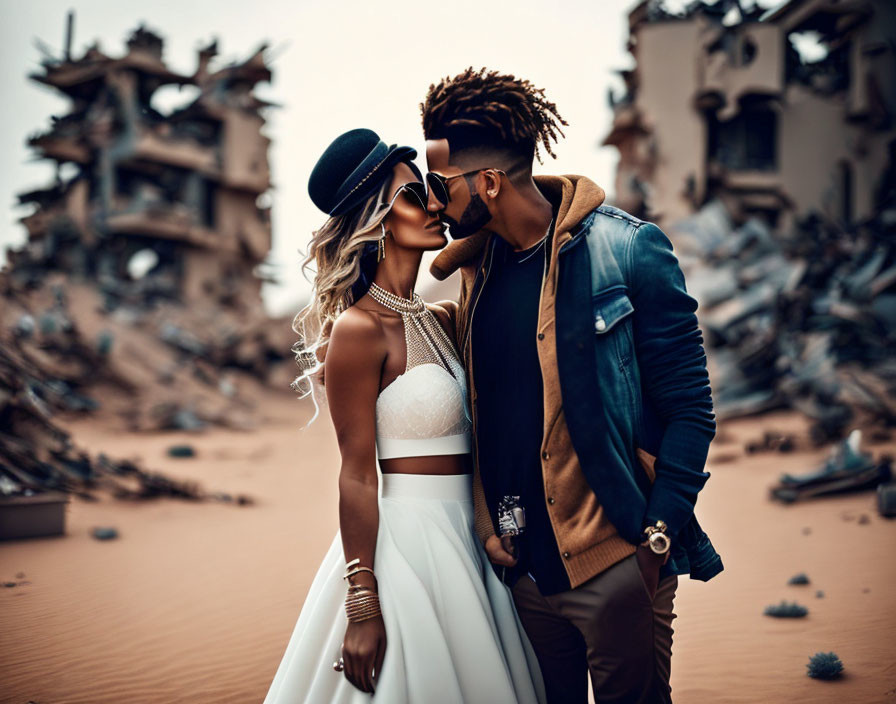 Affectionate couple in desert ruins: woman in white dress, man in jacket and sunglasses