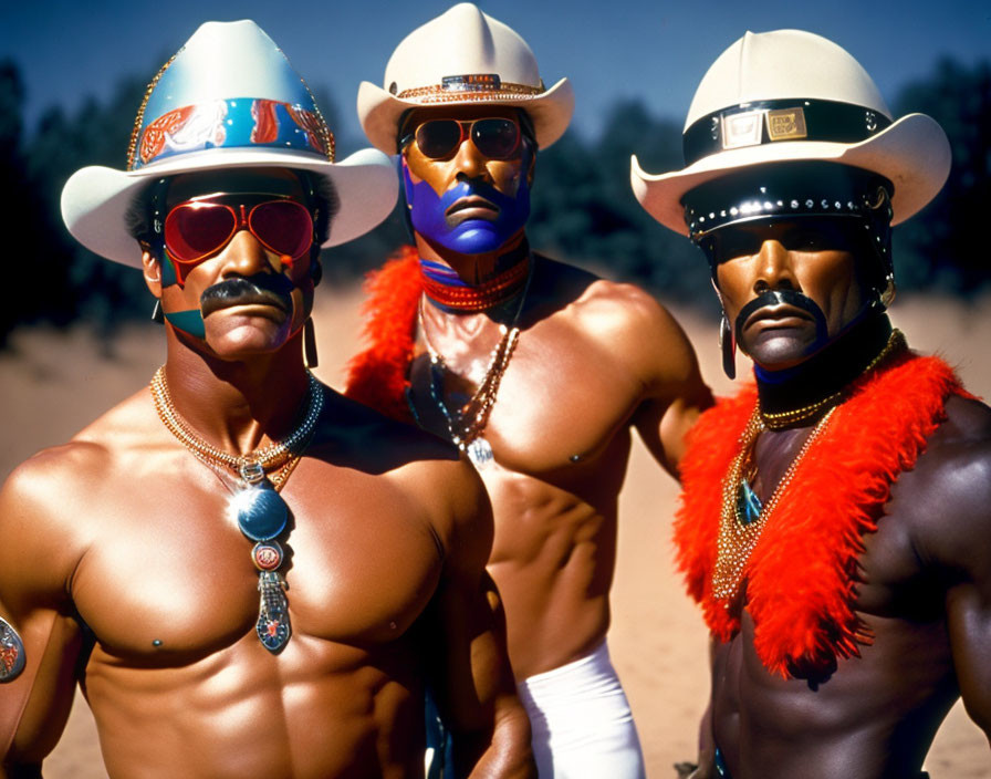 Muscular men in cowboy hats and sunglasses on sandy background