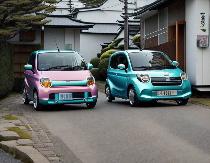 Colorful compact cars parked in front of traditional Japanese houses on residential street