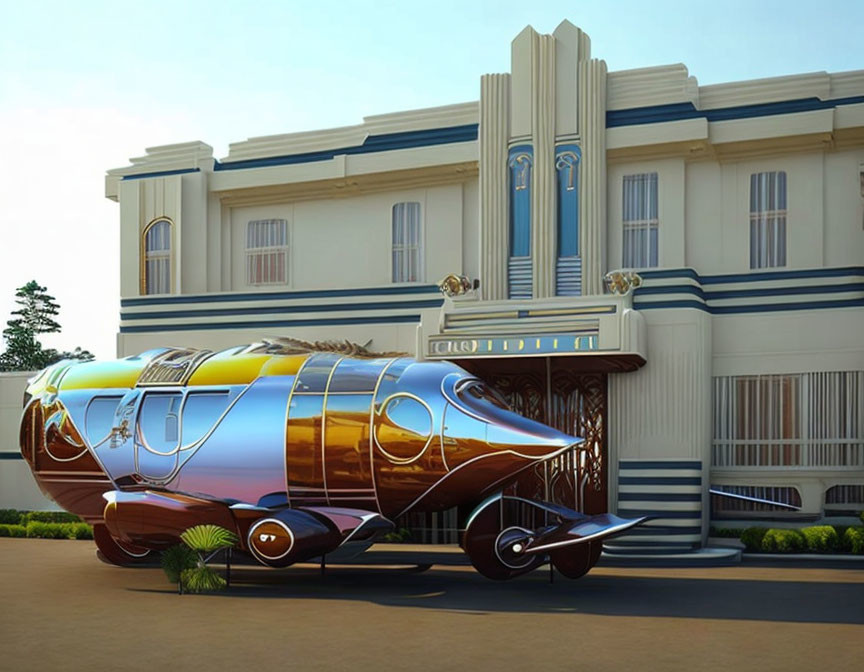 Futuristic chrome vehicle with blue accents in front of Art Deco building