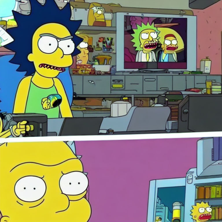 Split-screen image: Maggie with pacifier below, Marge above watching Rick and Morty on TV