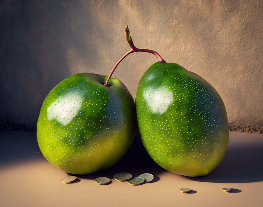 Green apple duo connected by stem next to scattered coins on surface