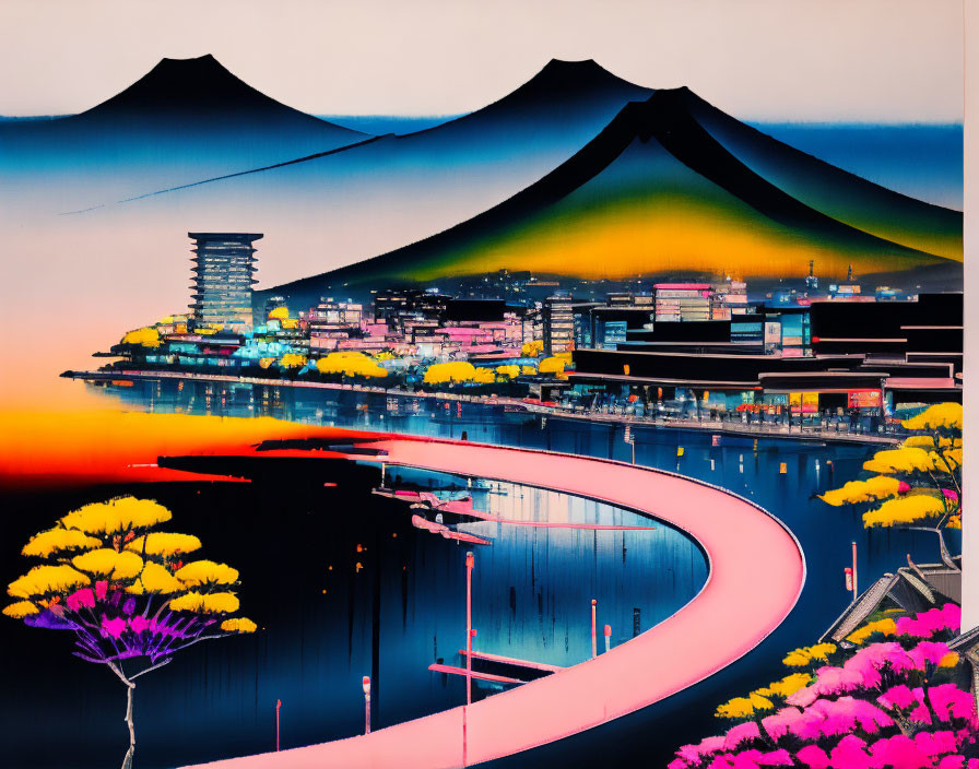 Futuristic cityscape with neon colors, curved roads, and traditional elements against mountain backdrop