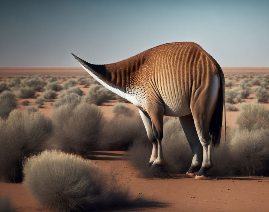 Surreal creature with zebra hindquarters and sharp conical tail in desert landscape