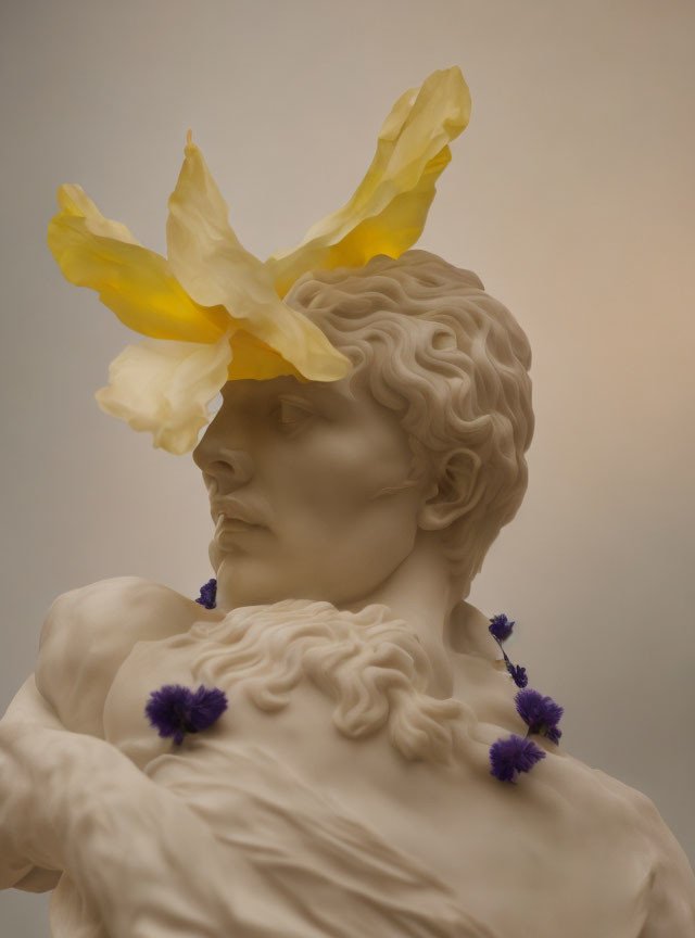 Sculpted bust with wavy hair, yellow flower accessory, and purple flowers