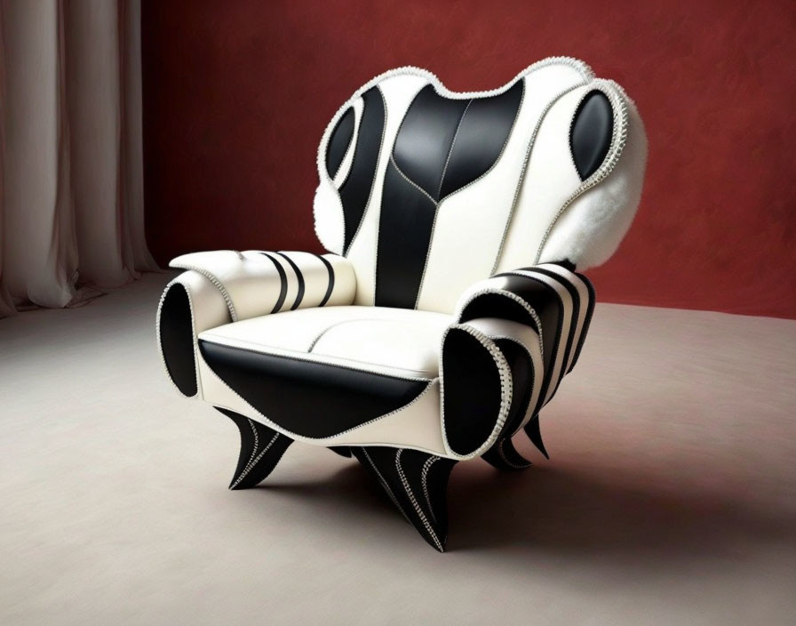 Modern black and white armchair with human face backrest on red wall and beige floor