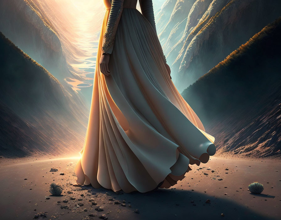 Elegant person in flowing gown at sunlit canyon entrance