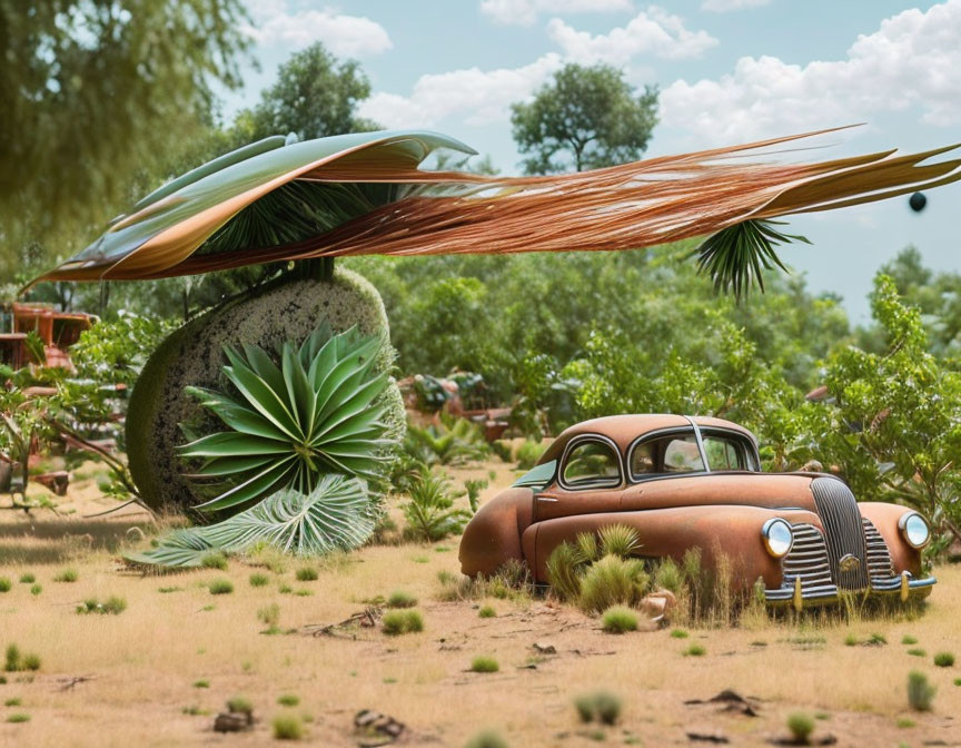 Vintage Car in Overgrown Landscape with Surreal Plants under Sunny Sky