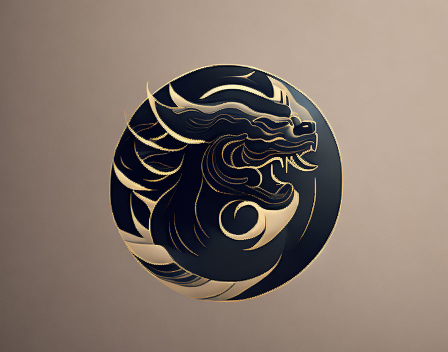 Circular black and gold dragon emblem on beige background