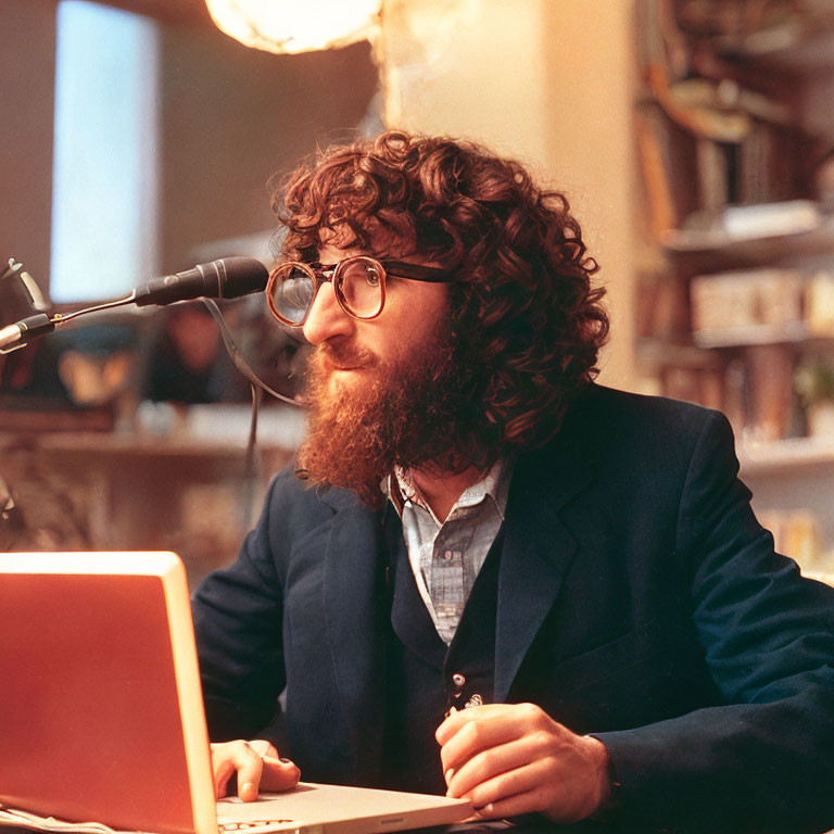 Bearded Man in Round Glasses Speaking at Desk with Laptop and Books