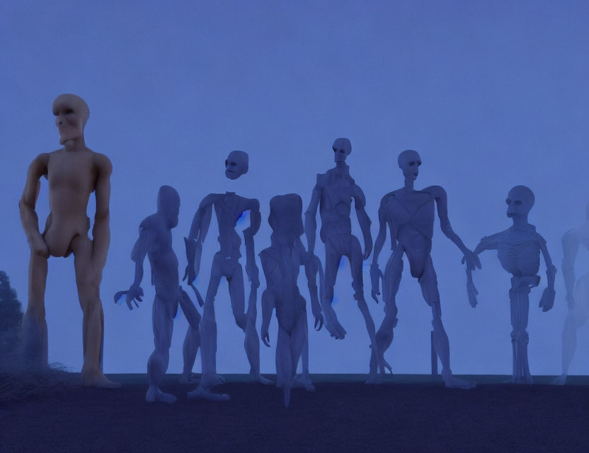 Collection of Humanoid 3D Models in Blue Fog Environment