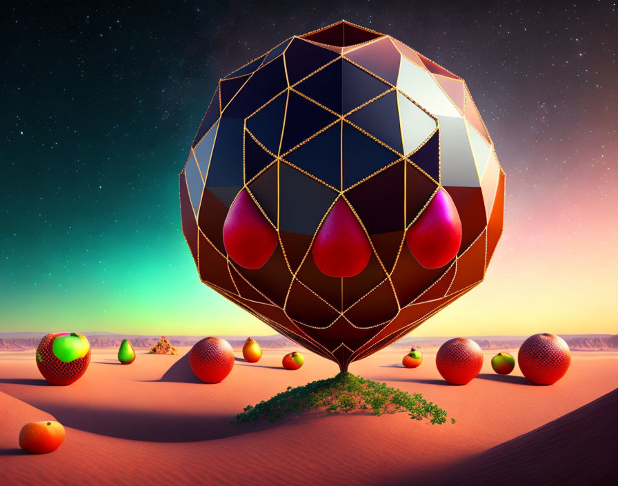 Geometric mirrored orb in desert landscape at sunset with smaller orbs and vines.