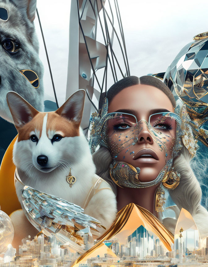 Futuristic portrait of woman with face jewelry and stylized dogs in high-tech cityscape