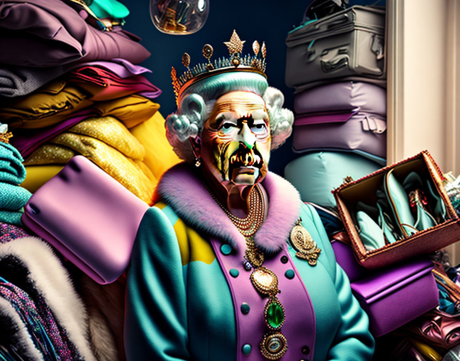 Elderly woman in regal attire surrounded by colorful clothing and suitcases