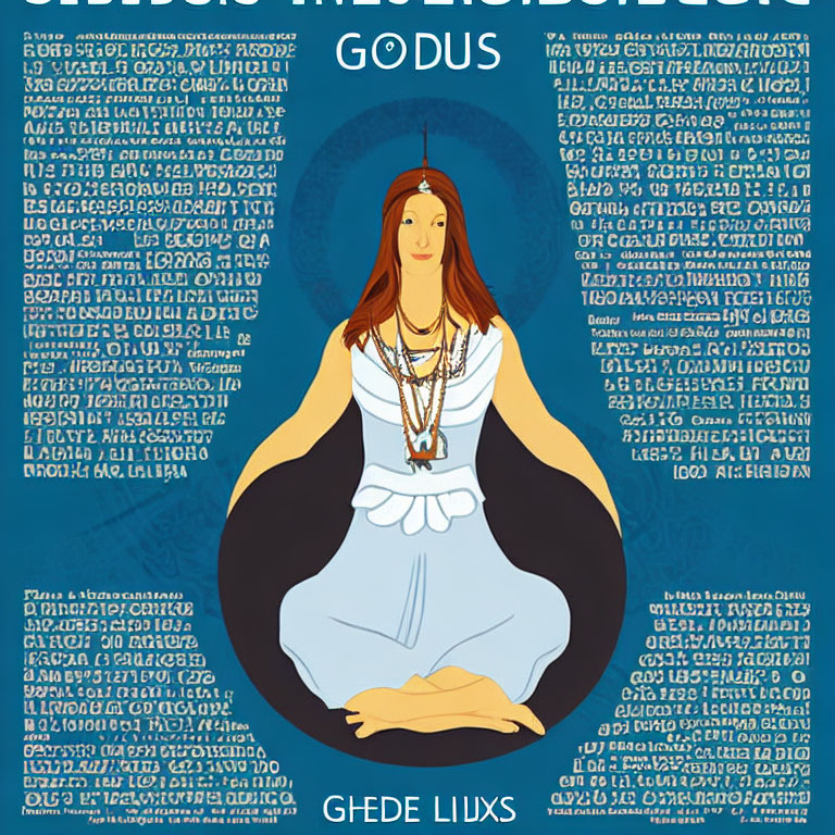 Red-haired figure in white robes meditating amidst symbols and "GODUS.