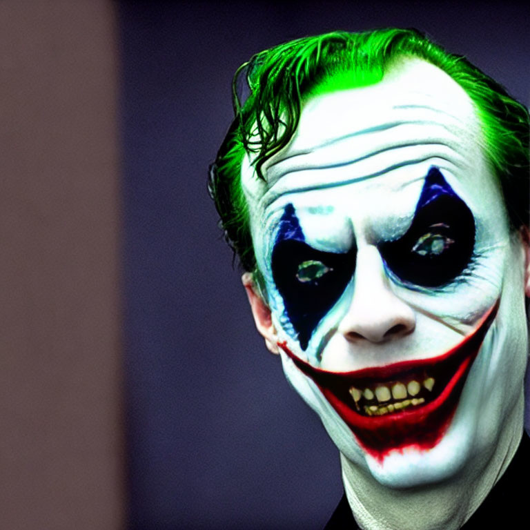 Character with white makeup, green hair, and red smile like Joker