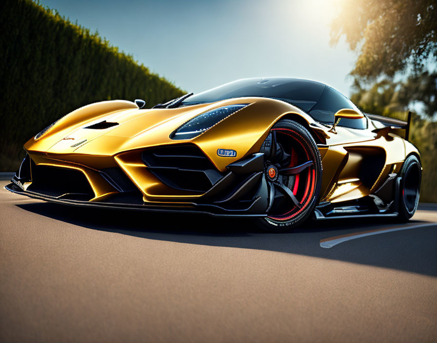 Sleek Gold and Black Sports Car with Aggressive Design and Red-Rimmed Wheels