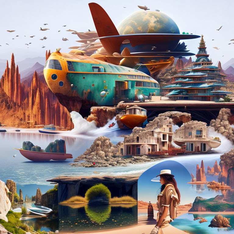 Futuristic and fantastical landscapes with flying vehicles and explorer.