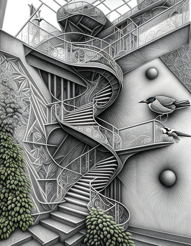 Detailed monochromatic illustration of swirling stairs, ornate patterns, foliage, and realistic bird.