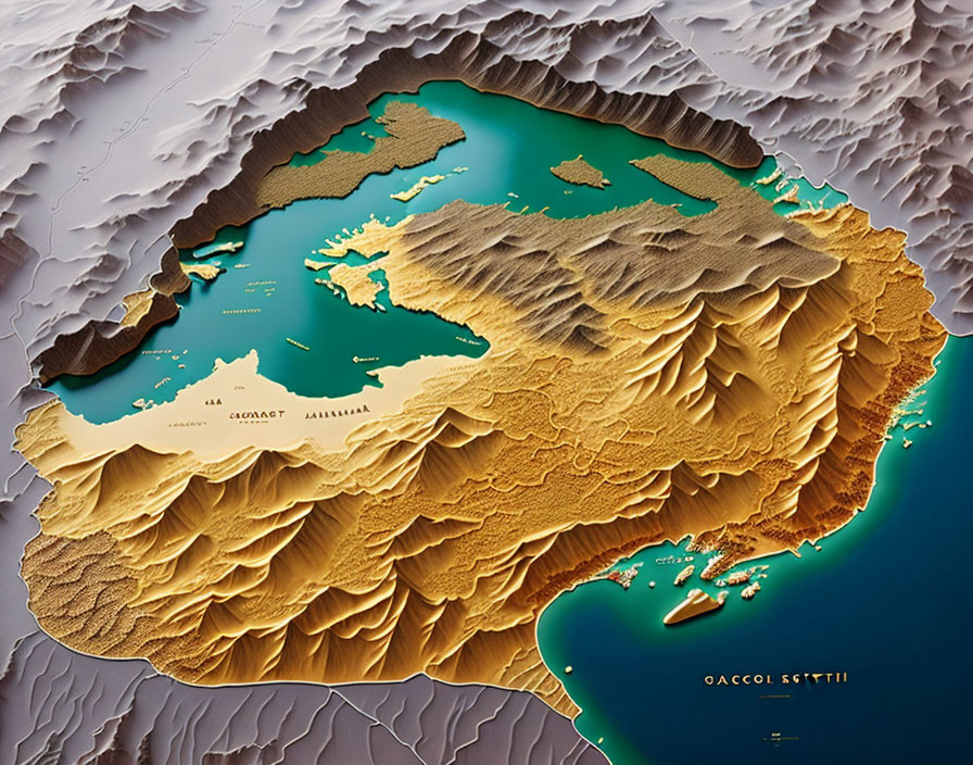 Detailed 3D Topographic Map of Mountainous Island with Text Labels