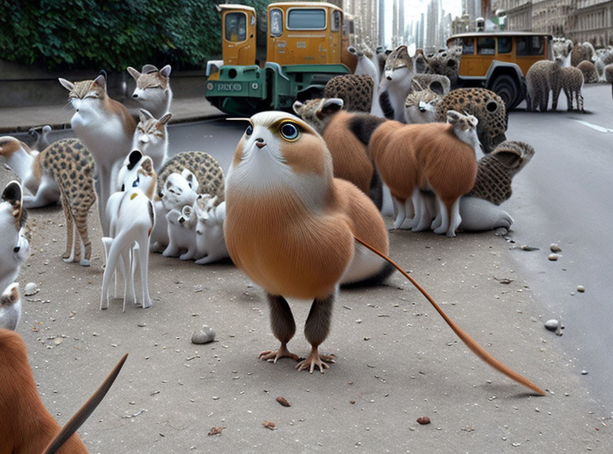 Surreal image: Birds with cat-like bodies on city street with scattered eggs and feathers, vintage