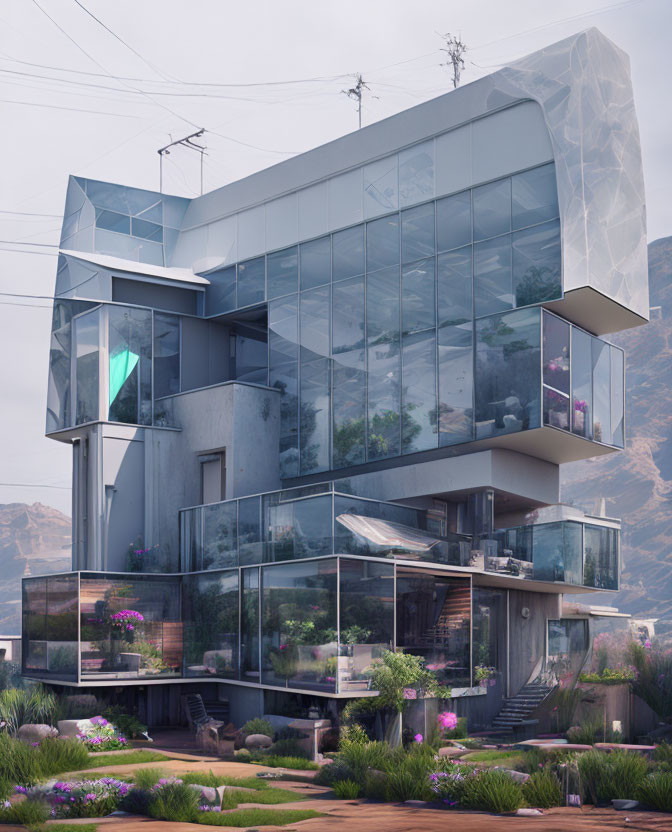 Geometric glass-walled house in landscaped garden with mountain backdrop