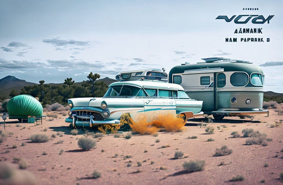 Vintage car towing matching trailer in desert landscape with round green structure