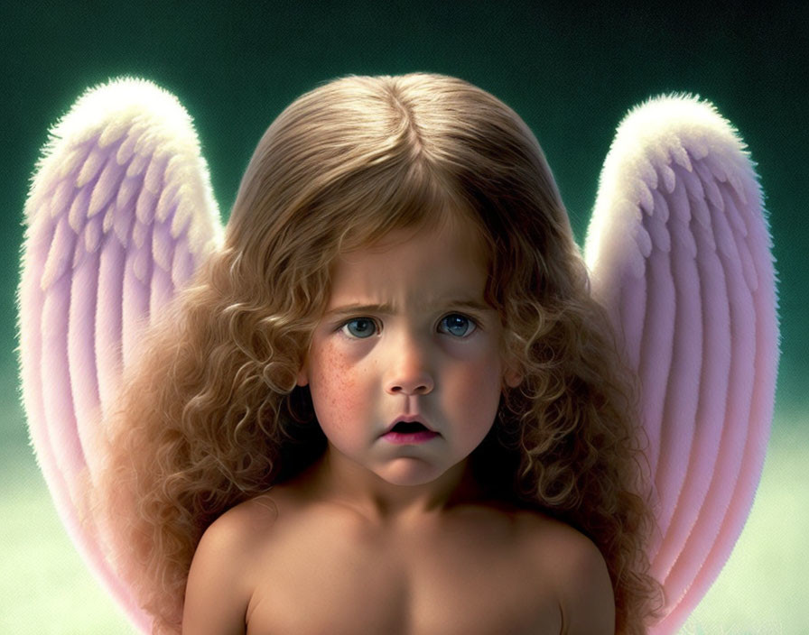 Cherubic child with curly hair and pink wings on green background