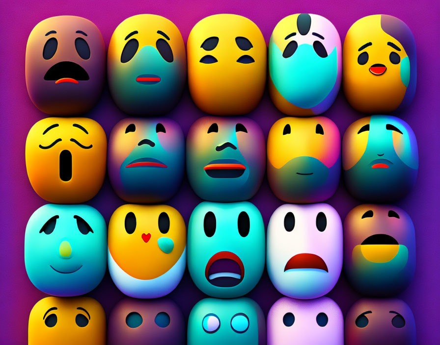 Vibrant 3D emojis with different expressions on purple backdrop