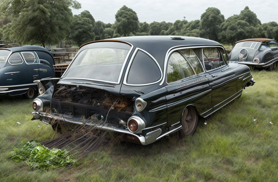 Vintage Station Wagon with Missing Rear Wheel in Classic Car Collection