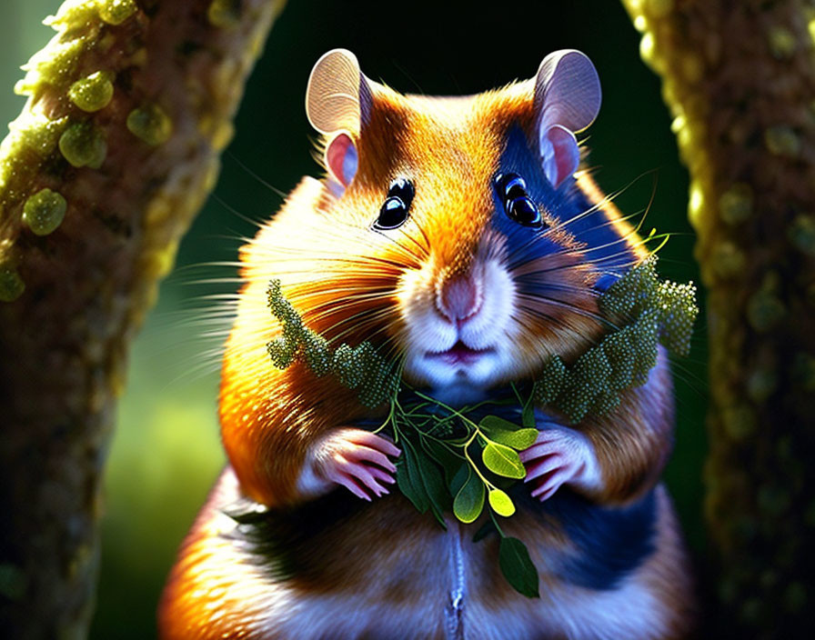 Whimsical chubby rodent with oversized eyes in lush forest scene