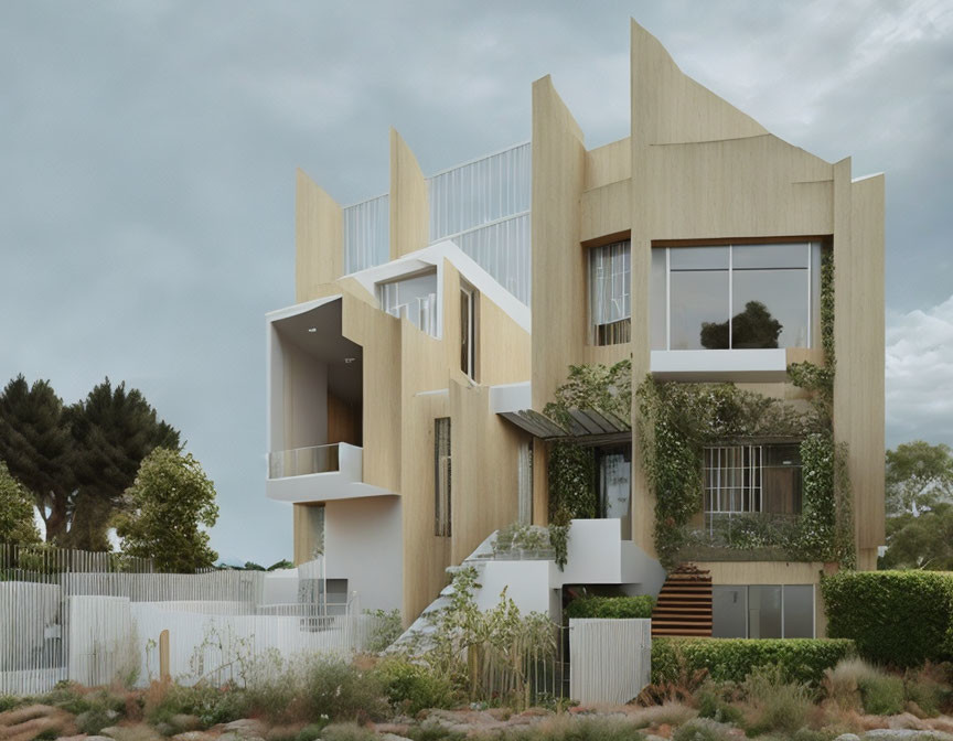 Geometric architectural home with multiple balconies and wood-white blend in serene landscape