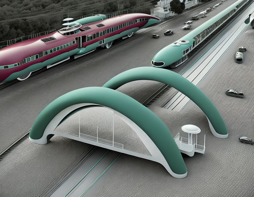 Modern train station with green arched roofs and high-speed trains.