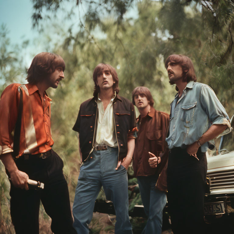 Four Men in 1970s Fashion Talking by Vintage Car