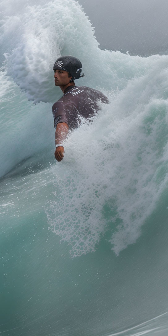 Surfer in Helmet and Wetsuit Riding Large Wave with Water Spray