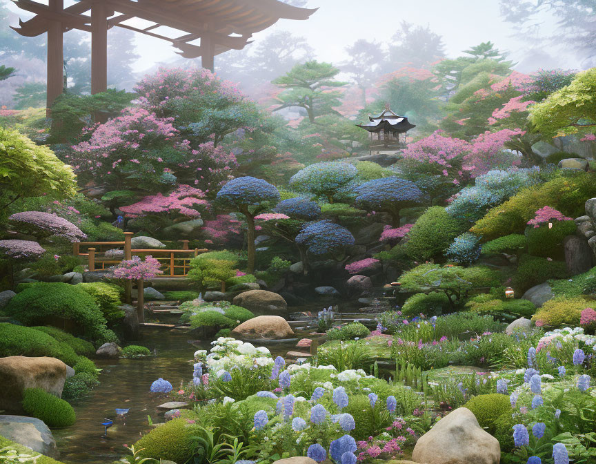 Tranquil Japanese garden with vibrant flowers and traditional architecture