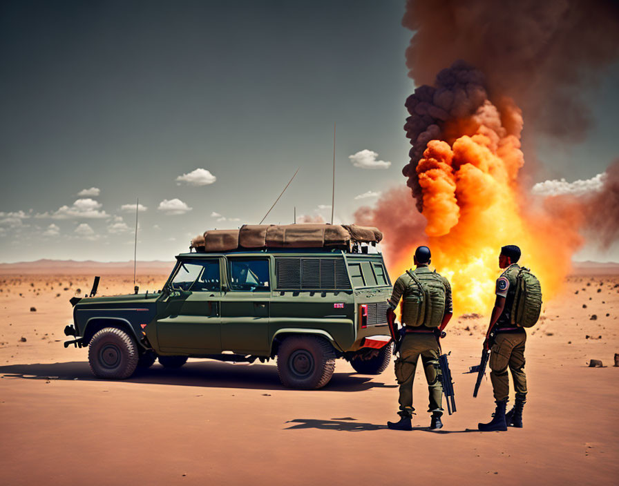 Military personnel witnessing explosion near rugged vehicle in desert.