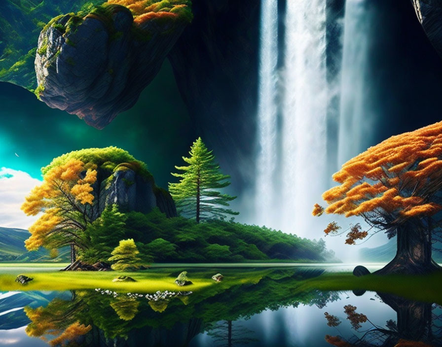 Majestic waterfall in fantastical landscape with floating rock islands