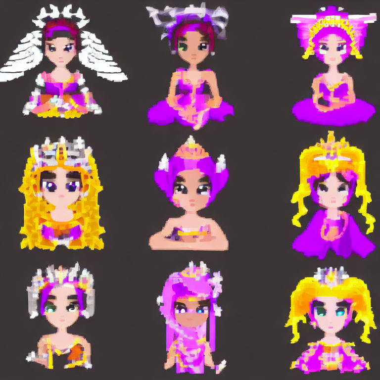 Nine Stylized Pixel Art Female Avatars with Crown Headpieces in Purple, Pink, and Gold