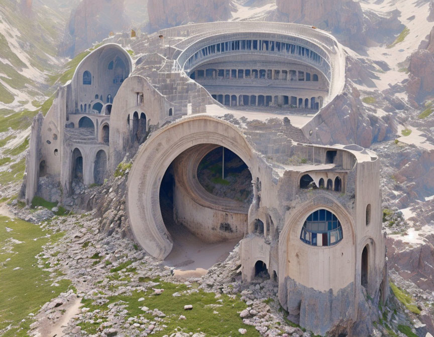 Abandoned concrete structure with arches and circular designs against rugged mountain backdrop