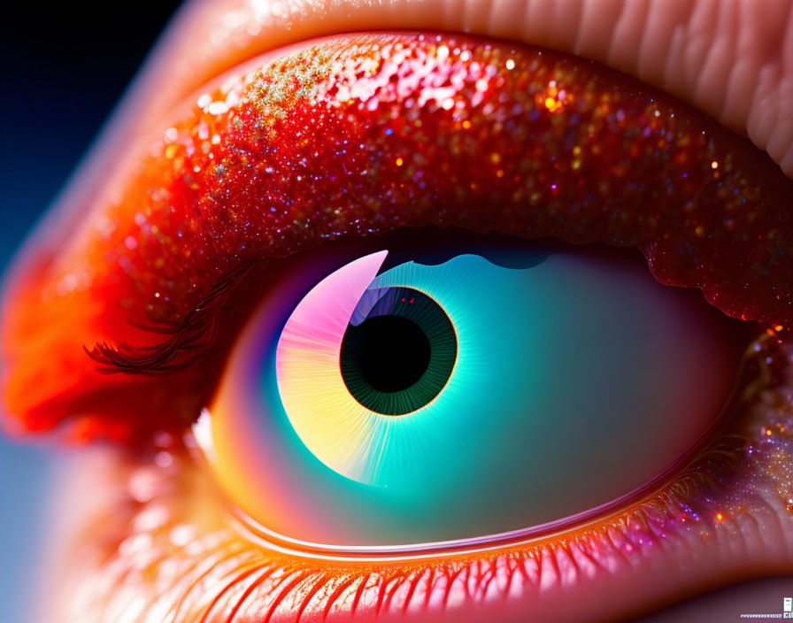 Colorful rainbow iris and glittery red eyelid makeup close-up.