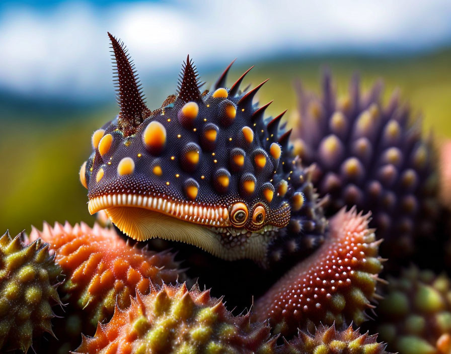 Colorful Spotted Sea Creature with Horn-like Spikes on Textured Surface