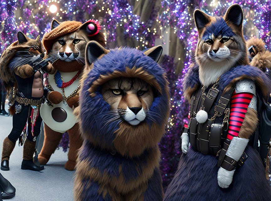 Three cats in human-like costumes pose heroically on a sparkling background.