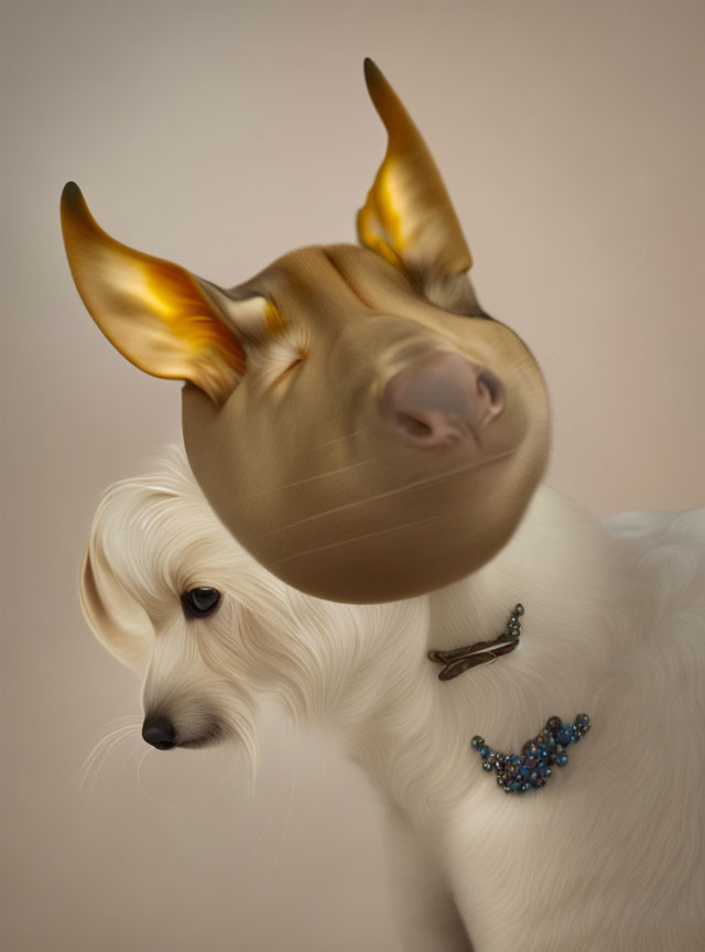 White Dog with Human Face and Jewelry Adornments in Surreal Art