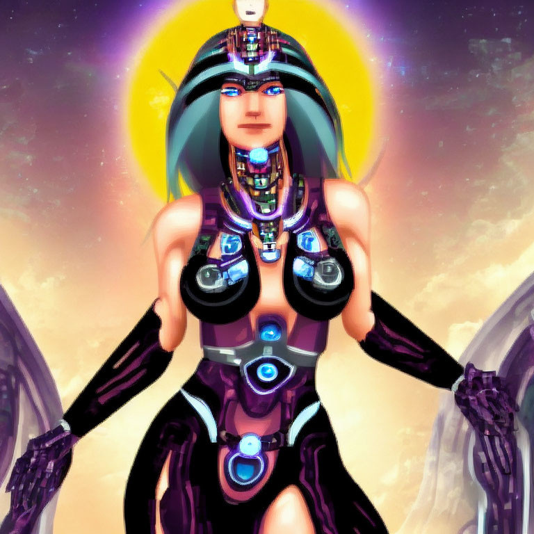 Futuristic female figure with cybernetic enhancements in cosmic setting