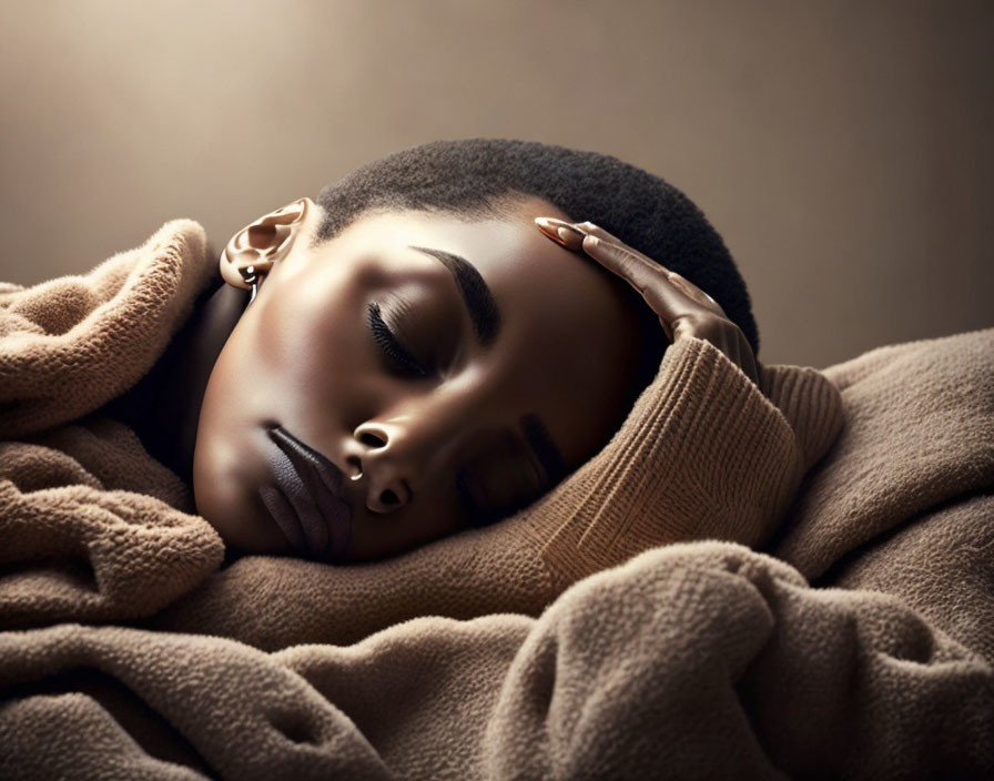 Serene woman in cozy beige sweater with closed eyes