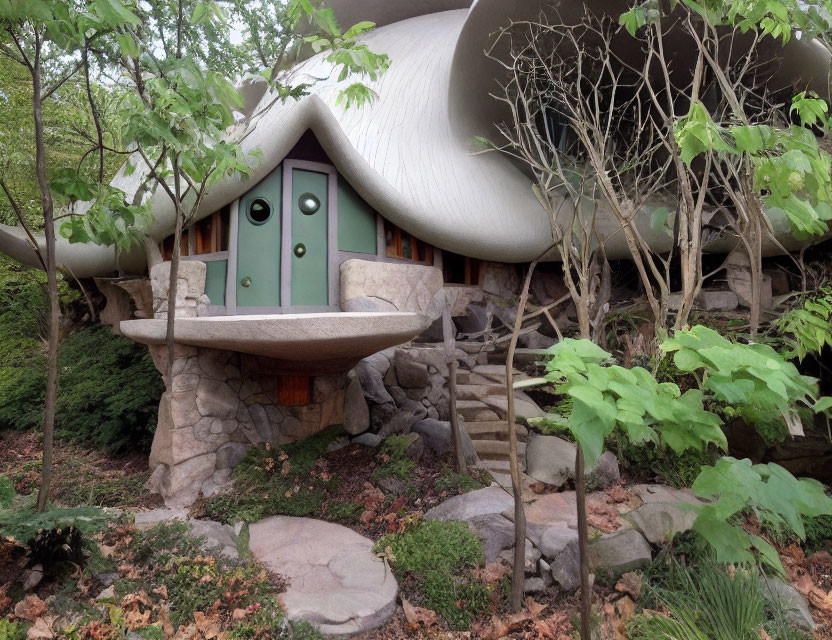 Whimsical house with green door and mushroom-like roof in natural setting