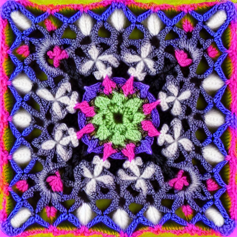 Vibrant Square Crochet Pattern with Green Center and Colorful Details