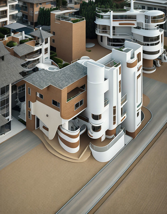 Contemporary architectural complex with cylindrical structures and layered terraces in white and beige tones