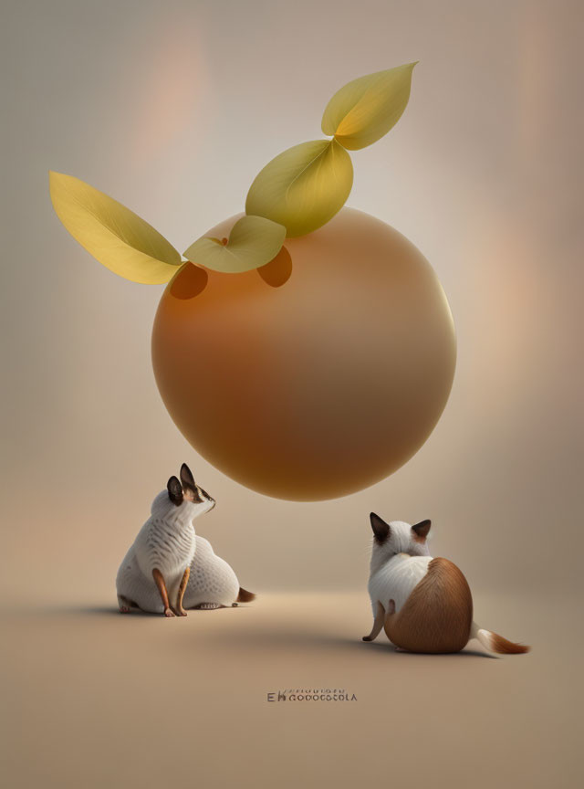 Stylized anthropomorphic mice with golden fruit on neutral backdrop